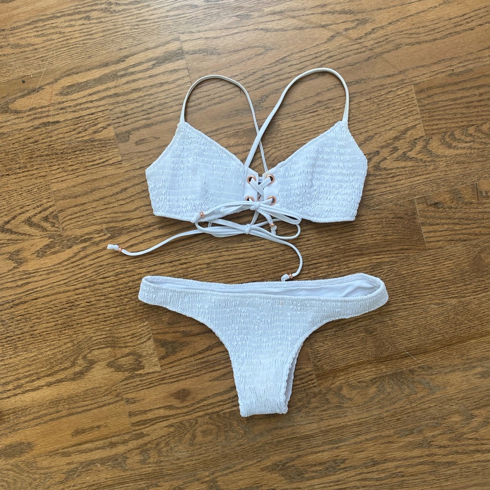 White Fox Boutique Bikini White Ribbed Swimsuit One Piece Cover Up